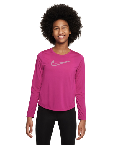 Shop Nike Girls' Dri-fit One Graphic Long-sleeve Training Top In Pink