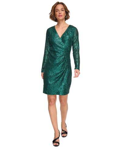 Shop Dkny V-neck Side-ruched Sequin Long-sleeve Dress In Emerald