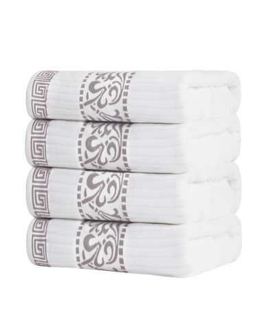 Superior Athens Cotton With Greek Scroll And Floral Pattern, 4 Piece Bath Towel Set In White-chrome