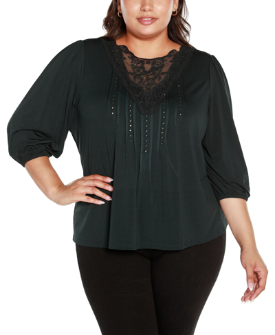 Shop Belldini Black Label Plus Size Embellished Top With Lace In Dark Forest