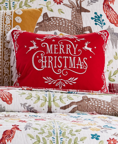 Shop Levtex Folk Deer Woodland Embroidered Tassels Decorative Pillow, 14" X 18" In Red