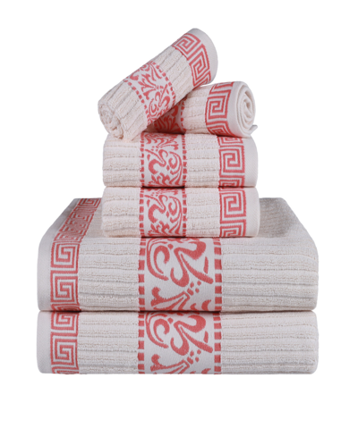 Shop Superior Athens Cotton With Greek Scroll And Floral Pattern Assorted, 6 Piece Bath Towel Set In Ivory-coral