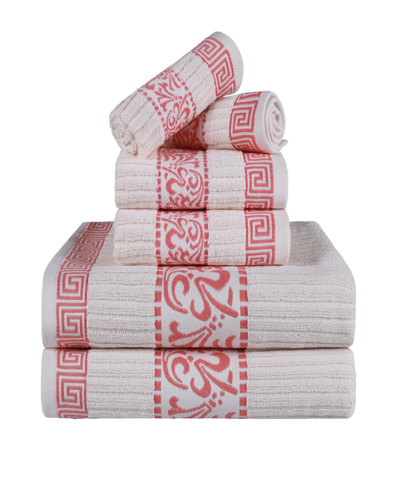 Superior Athens Cotton With Greek Scroll And Floral Pattern Assorted, 6 Piece Bath Towel Set In Ivory-coral