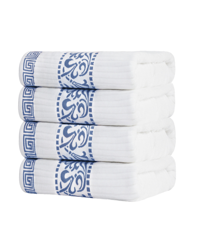 Superior Athens Cotton With Greek Scroll And Floral Pattern, 4 Piece Bath Towel Set In Navy Blue