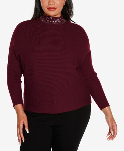 Shop Belldini Plus Size Embellished Neck Ribbed Dolman Sweater In Black Cherry