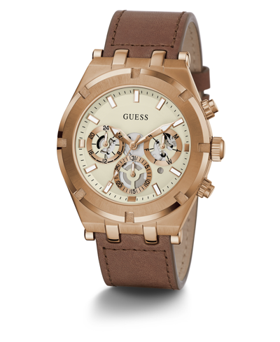 Shop Guess Men's Multi-function Brown Genuine Leather Watch 44mm