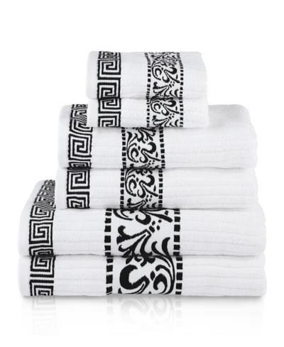 Superior Athens Cotton With Greek Scroll And Floral Pattern Assorted, 6 Piece Bath Towel Set In Black