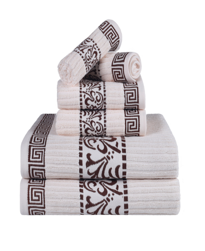 Shop Superior Athens Cotton With Greek Scroll And Floral Pattern Assorted, 6 Piece Bath Towel Set In Ivory-chocolate