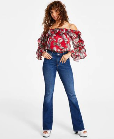 Shop Guess Womens Iggy Long Sleeve Ruffle Top Sexy Flare Hem Jeans In Harrison Blue