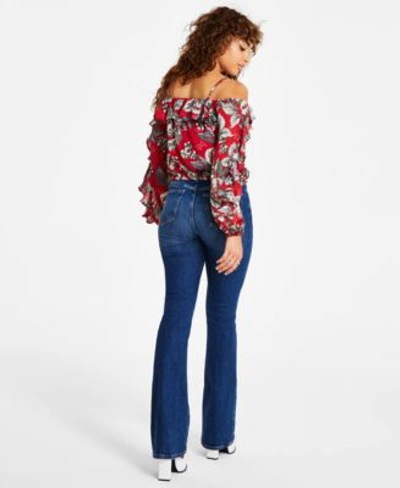 Shop Guess Womens Iggy Long Sleeve Ruffle Top Sexy Flare Hem Jeans In Harrison Blue