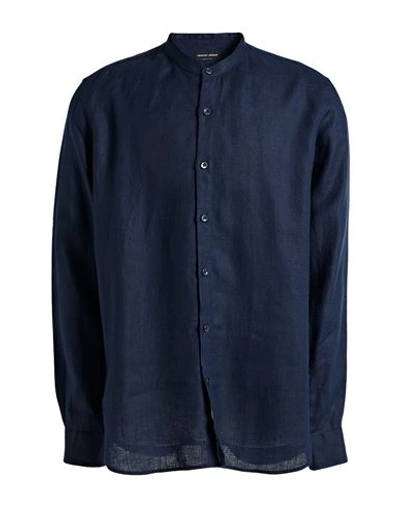 Shop Giorgio Armani Man Shirt Navy Blue Size 14 ½ Linen