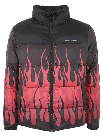 Shop Vision Of Super Black Puffy Jacket With Red Flames