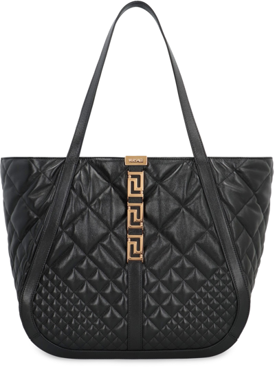 Shop Versace Greca Goddess Leather Tote In Black