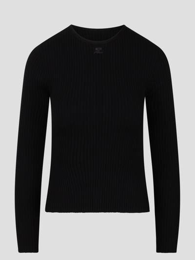 Shop Courrèges Elastic Wrists Rib Knit Sweater In Black
