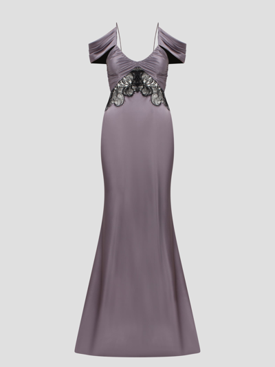 Shop Alberta Ferretti Lace Insert Long Dress In Pink & Purple