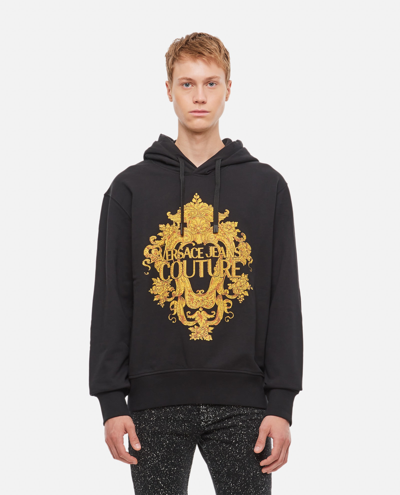 Shop Versace Jeans Couture Printed Cotton Hoodie In Black