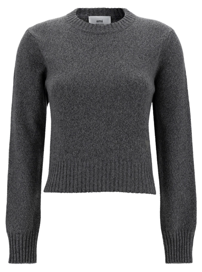 Shop Ami Alexandre Mattiussi Grey Crewneck Sweater With Tonal Adc Logo Patch In Cashmere And Wool Woman
