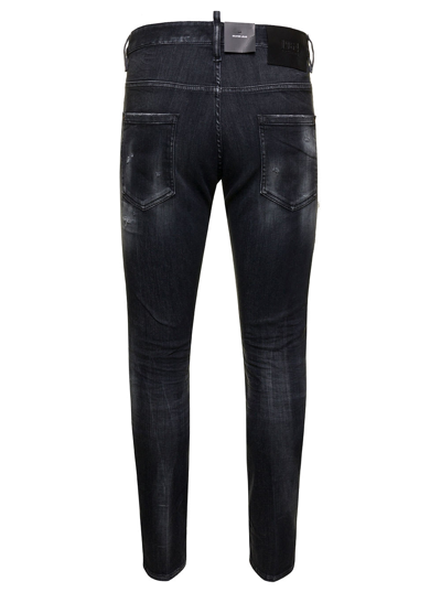 Shop Dsquared2 Skater Black Five-pocket Jeans With Rips And Bleach Effect In Stretch Cotton Denim Man