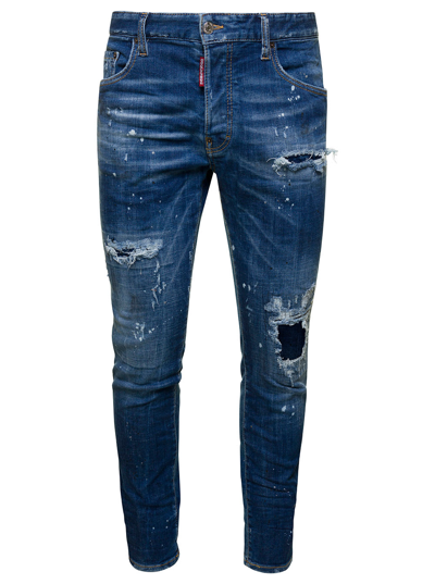 Shop Dsquared2 Skater Light Blue Five-pocket Jeans With Rips And Bleach Effect In Stretch Cotton Denim Man