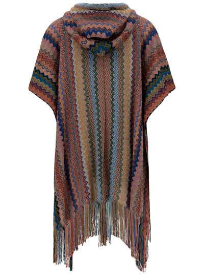 Shop Missoni Multicolor Hooded Poncho With Zigzag Motif In Viscose Blend Woman