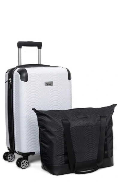 Shop Geoffrey Beene Snakeskin Embossed Tote Bag & Hardside Spinner Suitcase Set In White/ Black Trim