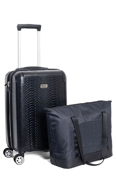 Shop Geoffrey Beene Snakeskin Embossed Tote Bag & Hardside Spinner Suitcase Set In Black/ Black