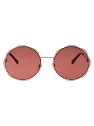 Chloé Chloe Burgundy Round Ladies Sunglasses Ch0202s 003 61 In 003 Gold Gold Red