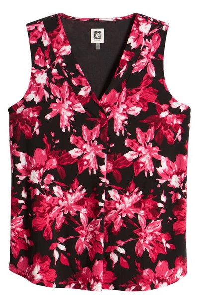 Shop Anne Klein Floral Print Pleat Front Sleeveless Top In Anne Black/ Amaranth Multi