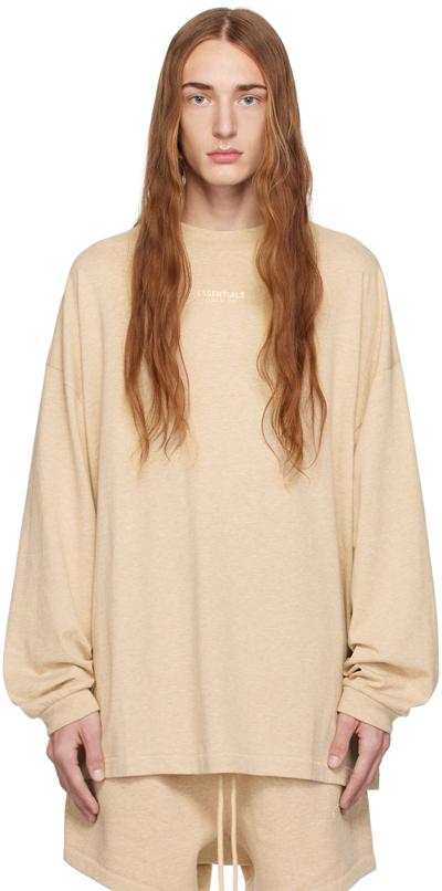 Shop Essentials Beige Crewneck Long Sleeve T-shirt In Gold Heather