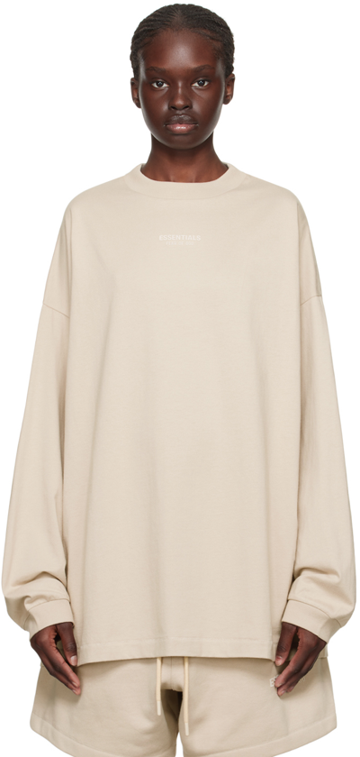 Shop Essentials Taupe Crewneck Long Sleeve T-shirt In Silver Cloud