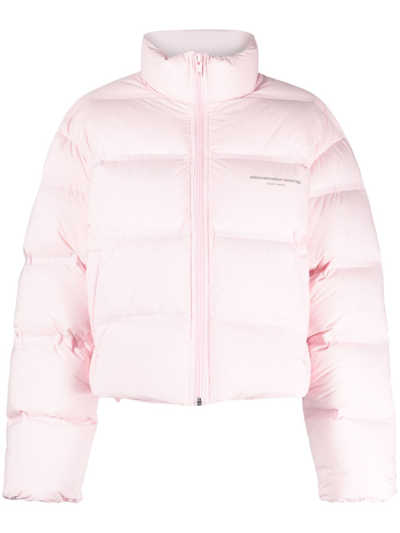 Shop Alexander Wang Logo Print Cropped Puffer Jacket - Women's - Polyester/elastane/feather In Pink