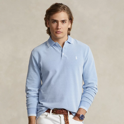 Shop Ralph Lauren Custom Slim Fit Stretch Oxford Mesh Polo In Summer Blue/white