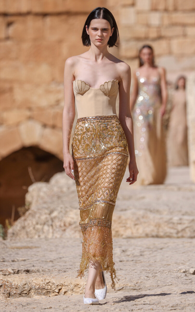 Shop Georges Hobeika Embellished Bustier Midi Dress In Gold