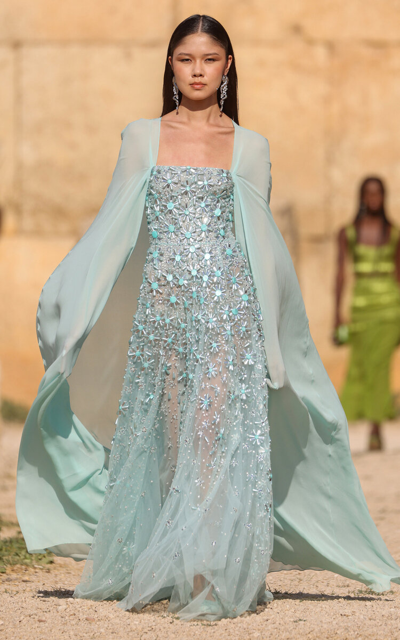 Cape detailed Embellished Tulle Maxi Dress In Turquoise