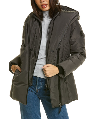 Shop Mackage Adali Leather-trim Down Coat In Grey