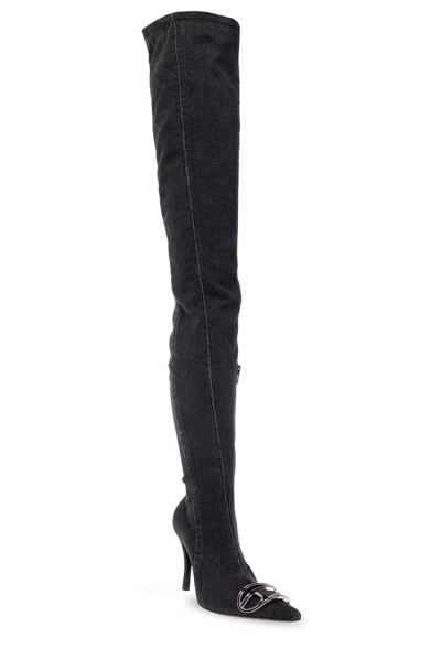 Shop Diesel Pointed-toe Thigh-high Denim Boots In Black