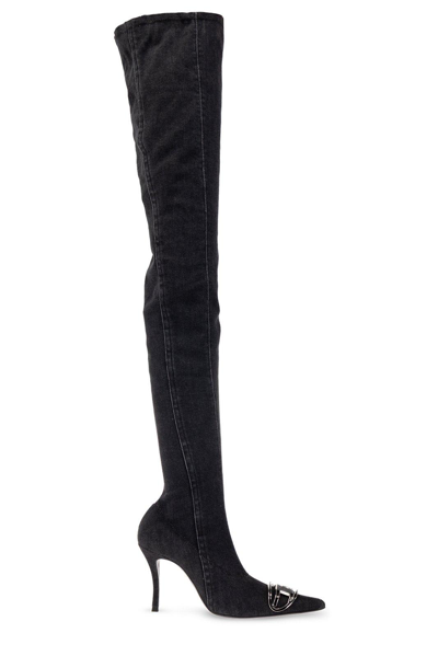 Shop Diesel Pointed-toe Thigh-high Denim Boots In Black