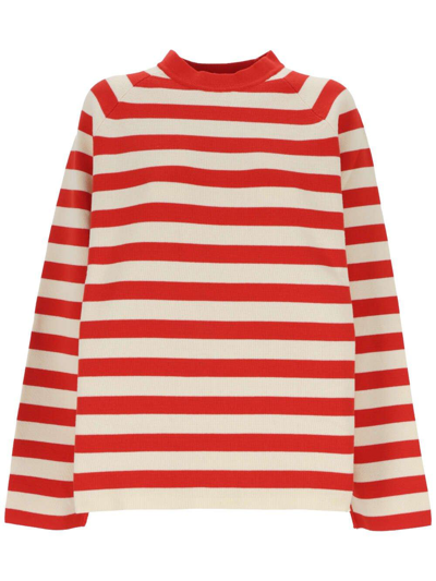 Shop Sunnei Striped Crewneck Sweatshirt In Red/neutrals