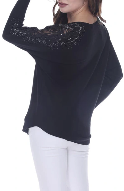 Shop Rain And Rose Embellished Lace Jersey Sweater In Black