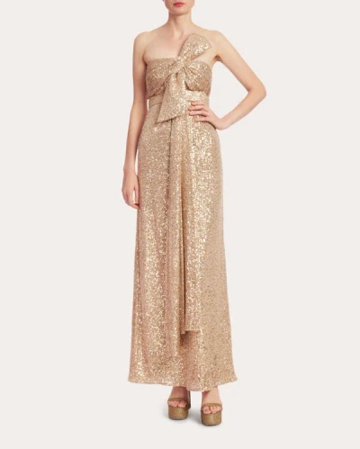 Shop Badgley Mischka Women's Sequin Bow Strapless Gown In Gold