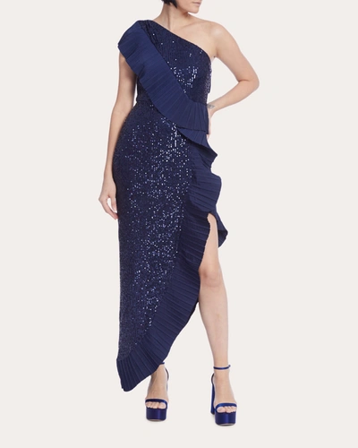 Shop One33 Social Women's Mercer Sequin Pleated Ruffle Gown In Blue