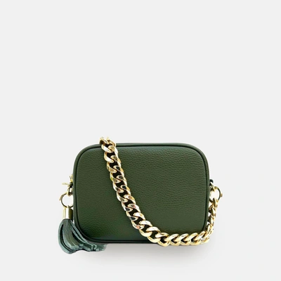 Apatchy London Olive Green Leather Crossbody Bag With Gold Chain Strap In Green