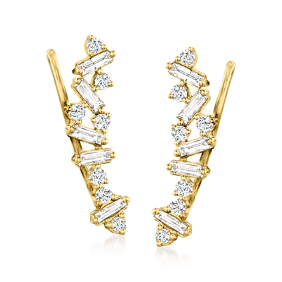 Ross-simons Round And Baguette Diamond Ear Climbers In 14kt Yellow Gold In White