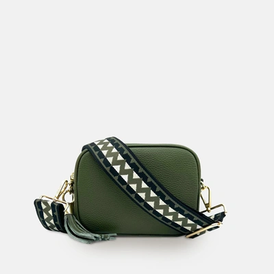 Shop Apatchy London Olive Green Leather Crossbody Bag With Olive & Black Zigzag Strap