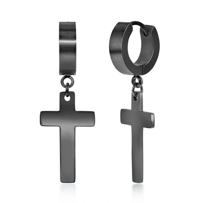 Shop Blackjack Stainless Steel Cross Charm Polished Huggie Hoop Earrings In Black