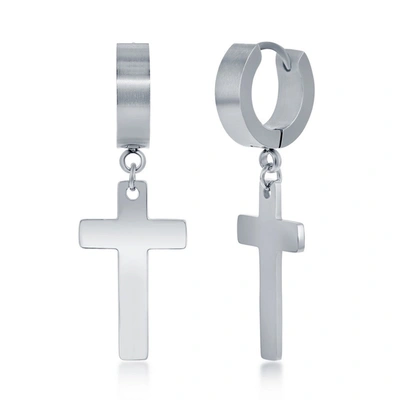 Shop Blackjack Stainless Steel Cross Charm Polished Huggie Hoop Earrings In Silver