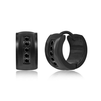 Blackjack Mens Stainless Steel 7x13mm Cz Huggie Hoop Earrings - Black Plated In Black