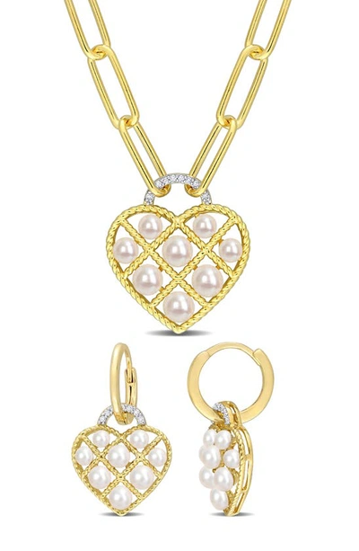 Shop Delmar Diamond Freshwater Pearl Heart Pendant Necklace & Drop Earrings Set In White