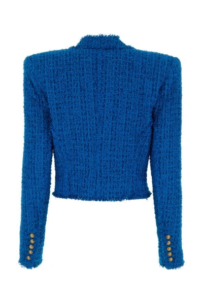 Shop Balmain Woman Electric Blue Tweed Blazer