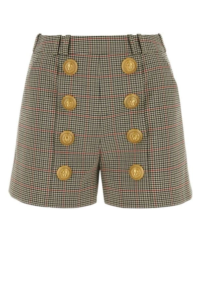 Shop Balmain Woman Hw 8 Btn Prince Of Wales Pleated Shorts In Multicolor